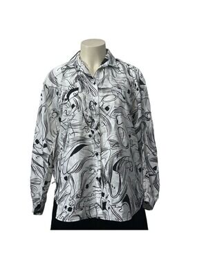Vintage CoCo Abstract Satin Button Down Blouse White Black 2X-3X